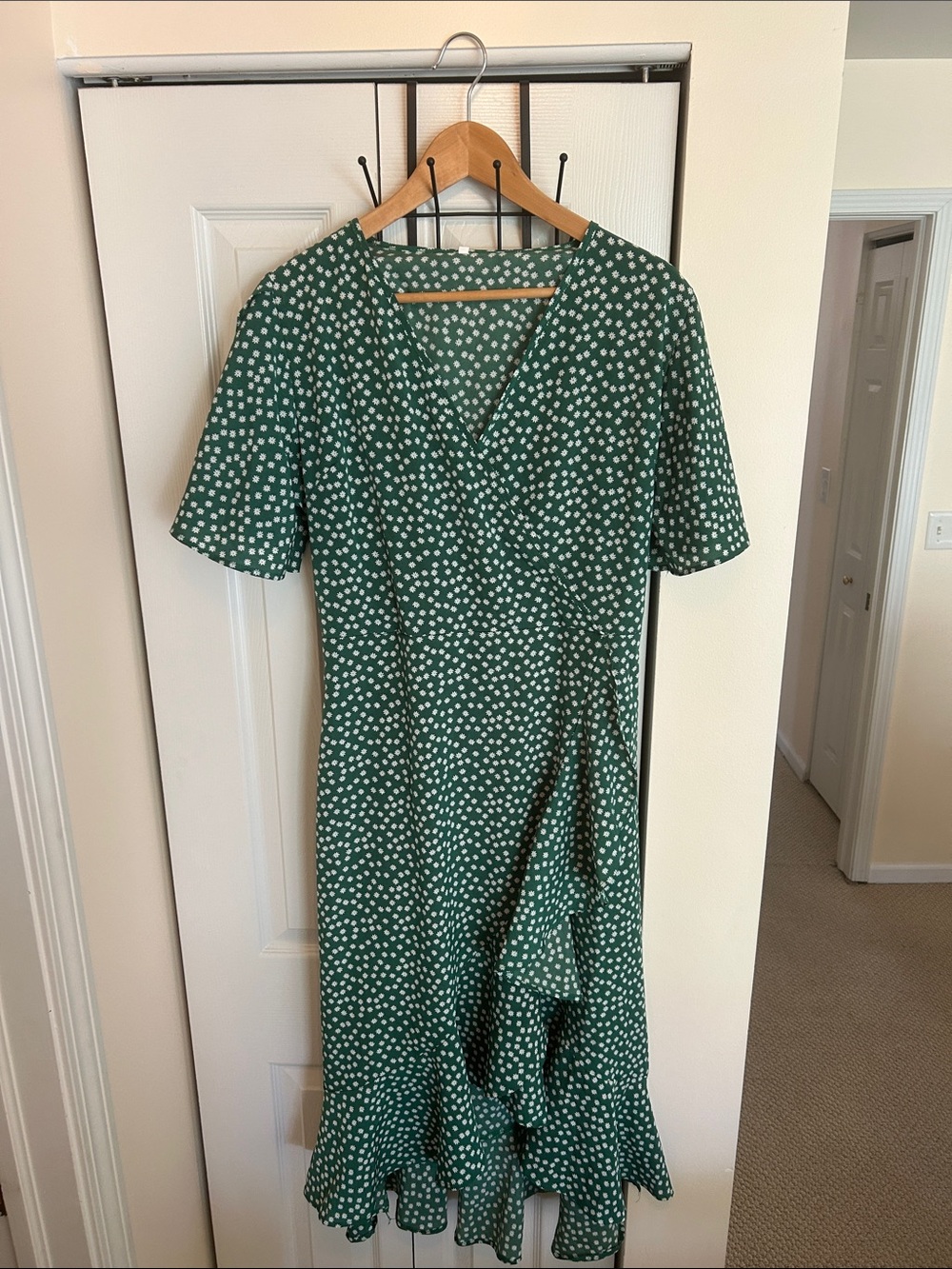 Amazon Essentials Green Midi Wrap Dress with White Dot Floral Print